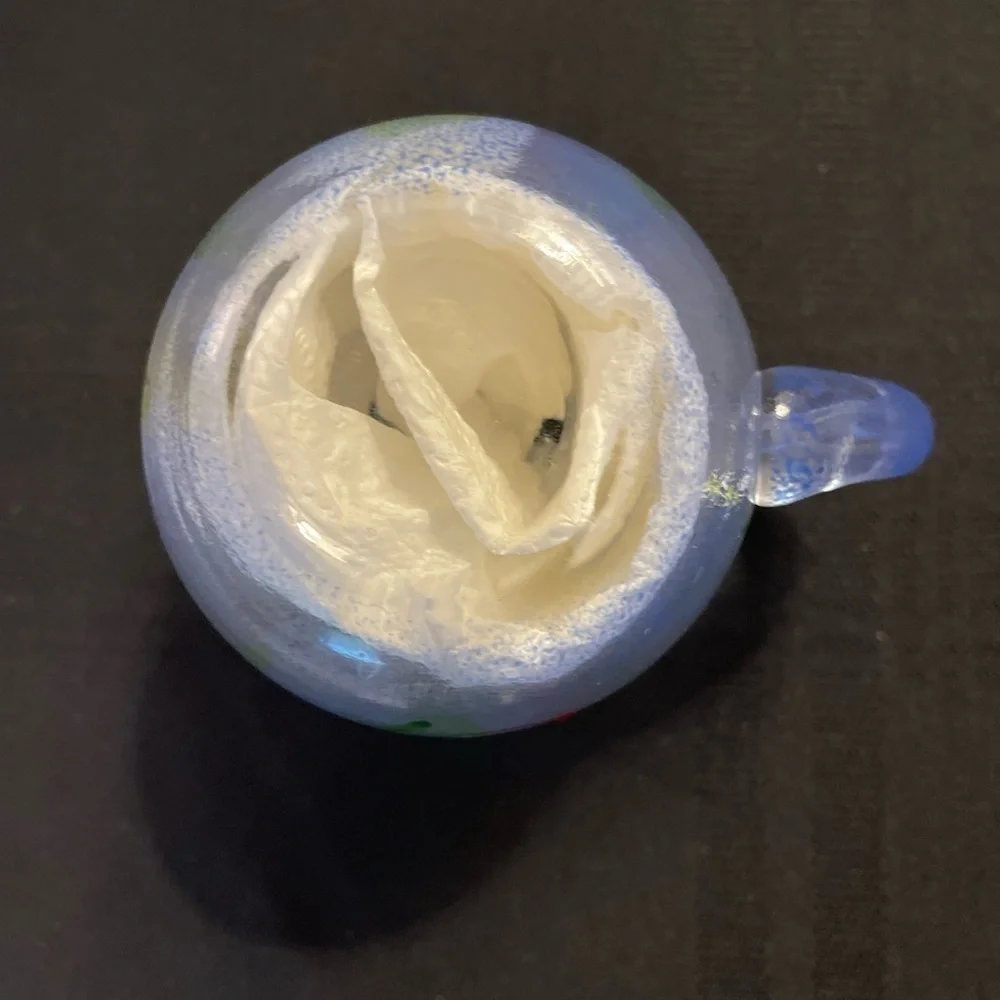 Small Hand Painted Blown Glass Pitcher Applied Handle Creamer W/Tropical Fish.
